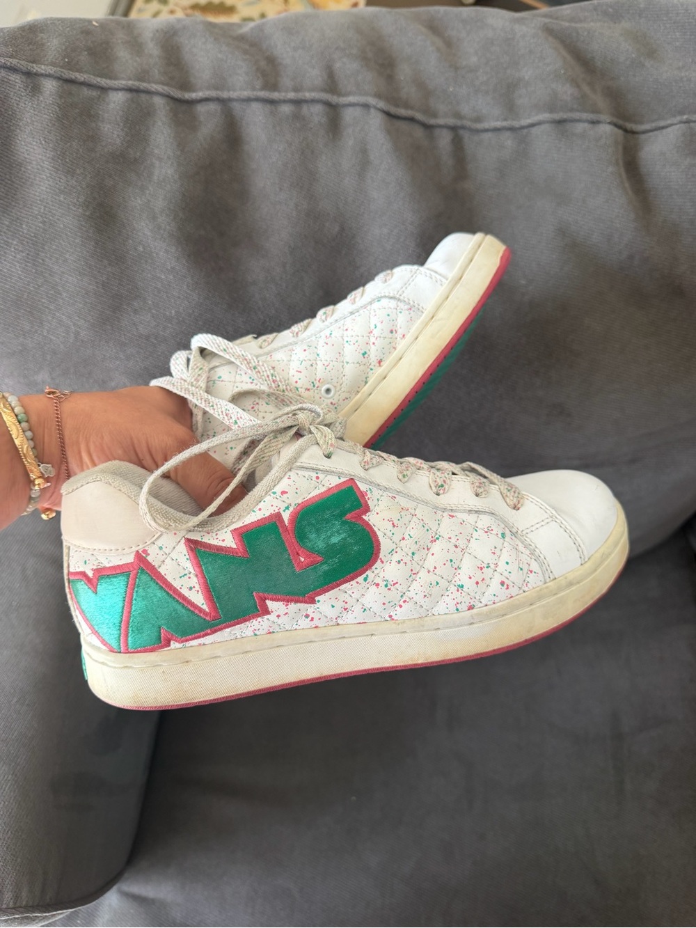 Vans White Sneakers with Teal and Pink Logo Accents rare Y2K style
